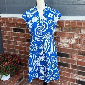 Boden Rowena Blue Floral Shirt Dress Petite 8P Cotton Midi Pockets Workwear